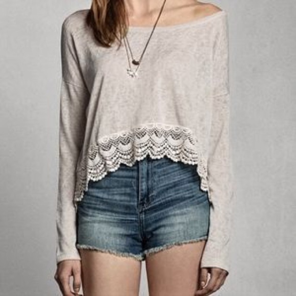 Abercrombie Grey Eyelash Lace Cropped Sweater